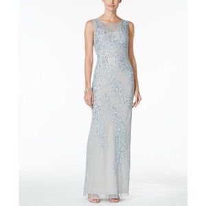 Adrianna Papell Illusion Embellished Light Blue Column Gown - Petite